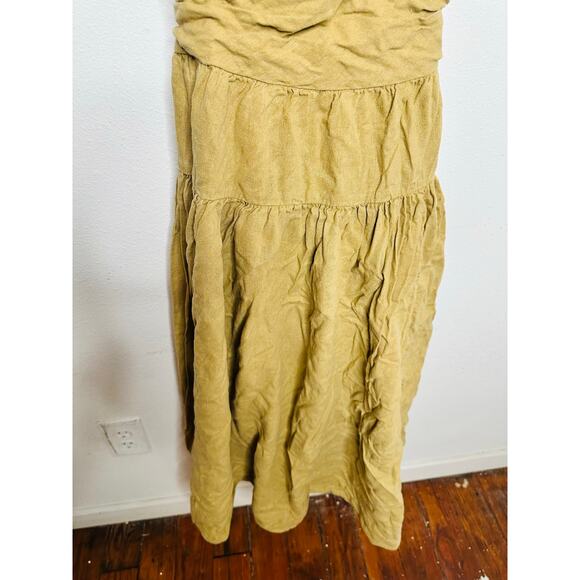 TOCCIN Women's Brown Khaki Square Neck Ruched Bodice Tie Waist Midi Dress Size 8 - Picture 5 of 16